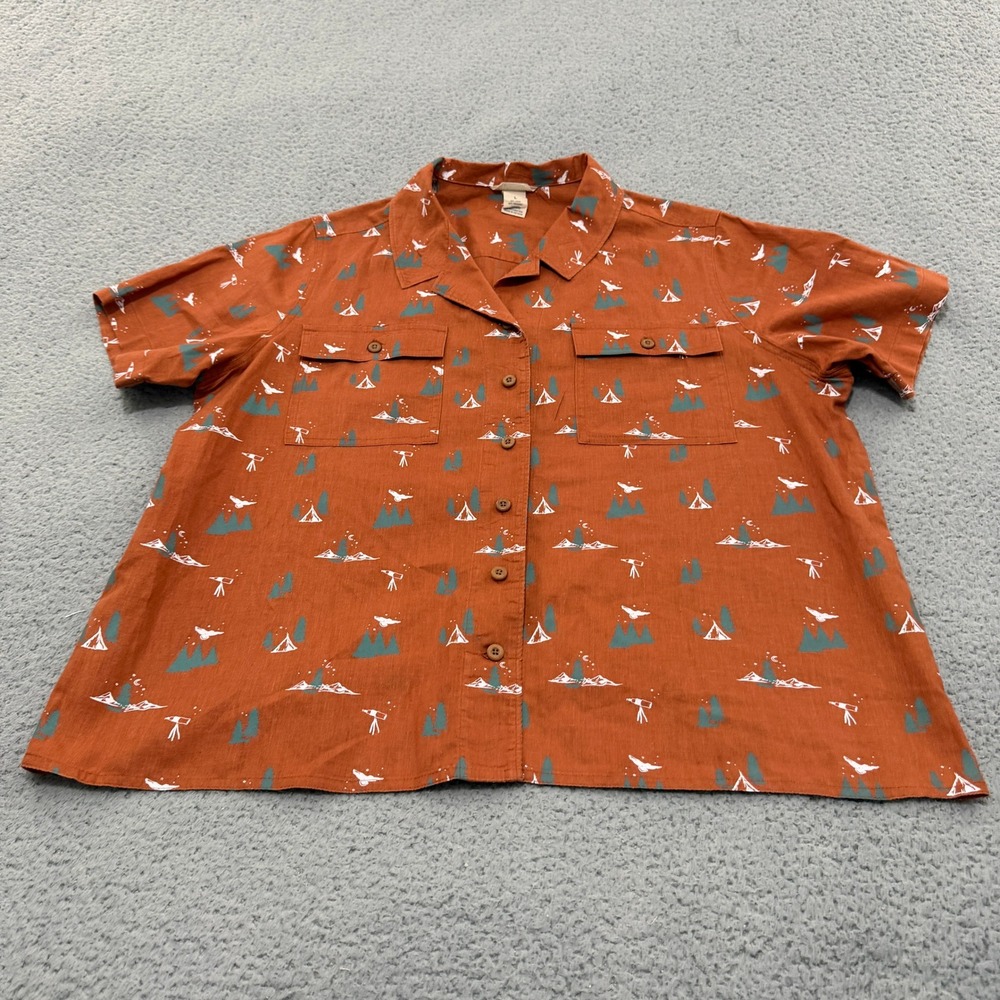 Duluth Trading Co Rust Orange Camp-Print Short Sleeve Button-Down